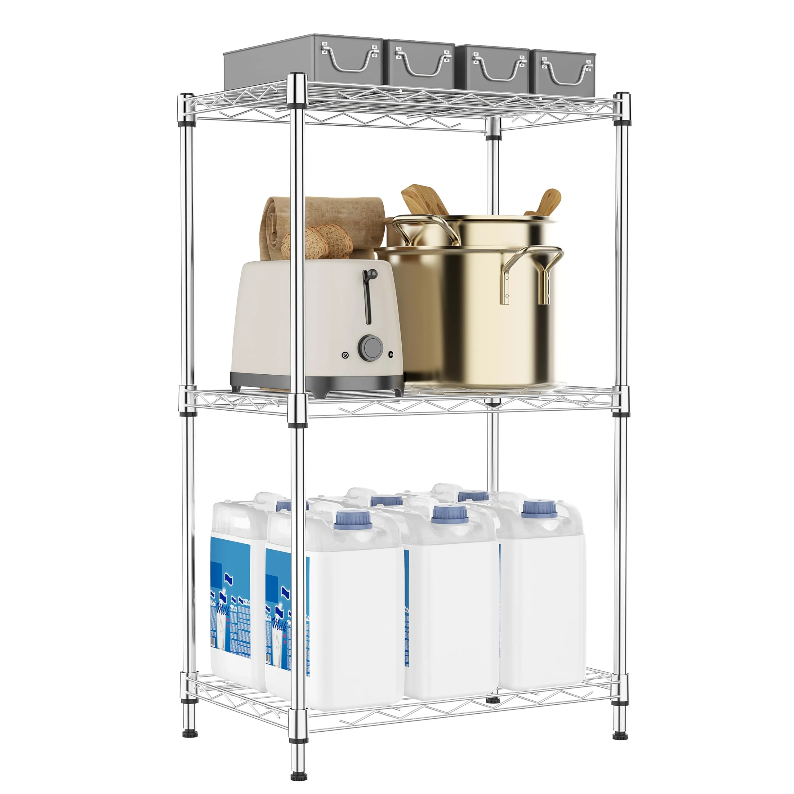 M MZG 3 Etagen Regal aus Metall, Drahtregal, Schrank-Organizer mit Rad für Garage, Küche, Badezimmer, Wäsche 135 Kg Maximale Tragkraft Chrom 30 x 45 x 73,2 cm