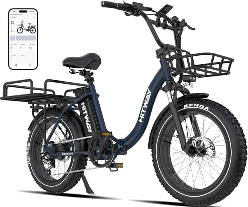 HITWAY BK6S Plus E-Bike mit 48V 27Ah Akku und 110-150km Reichweite, 20 Zoll Fat Tire City-Elektrofahrrad mit Doppeltem Gepäckkorb, 250W Motor 25km/h, 7-Gang Schaltung