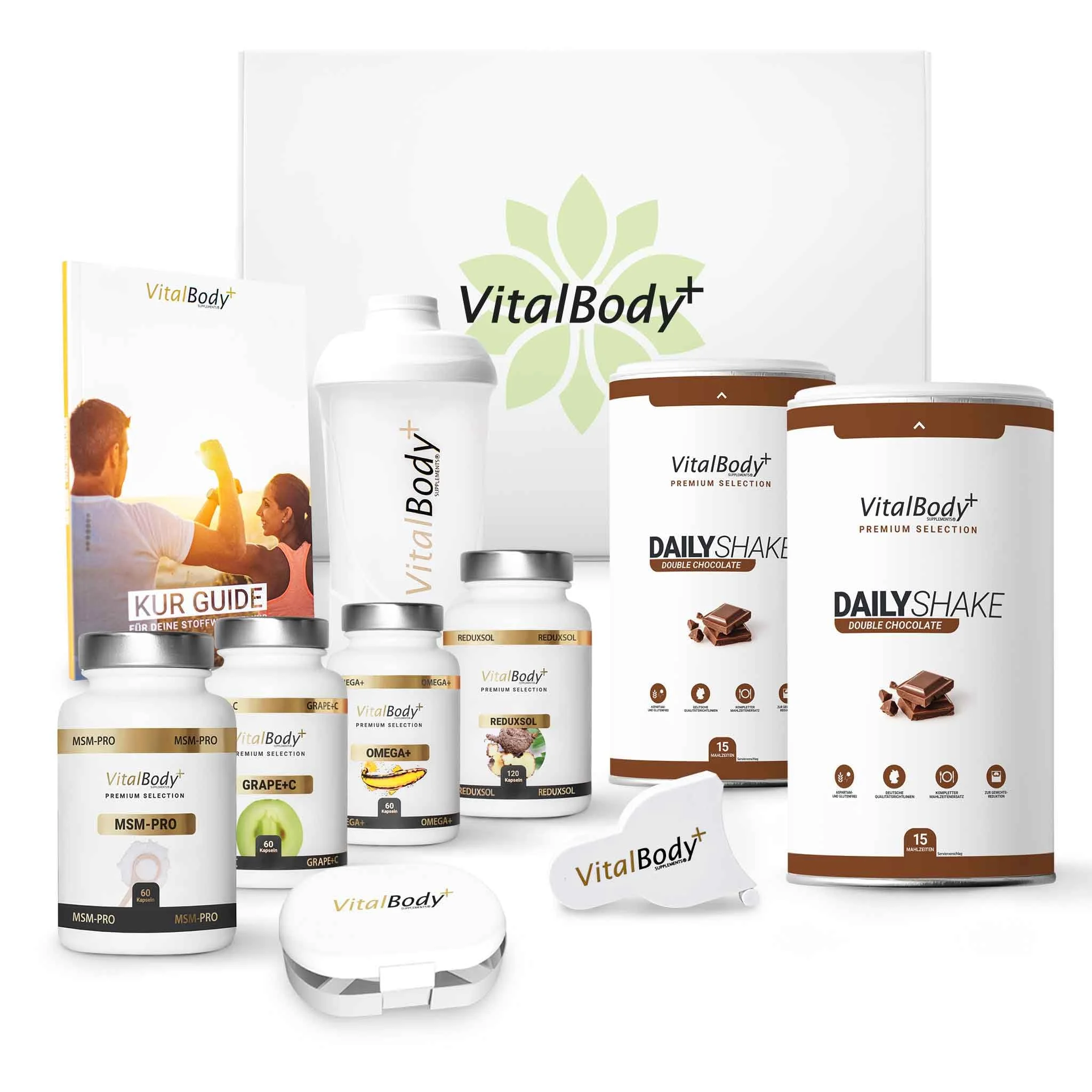 VitalBody+ 30 Tage Stoffwechselkur Premium, HCG-Diät, Mahlzeitenersatz-Shake, MSM, OPC, Omega-3 & Sättigungskapseln, VIP Coaching (9 -teiliges Set)