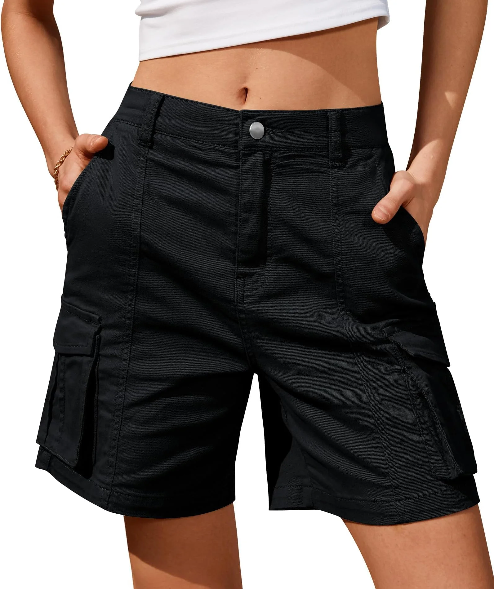 BUNSLOOM Bermuda Shorts Damen Cargo Shorts Knie 6 Taschen Elastischer Bund Lange Shorts Sommer
