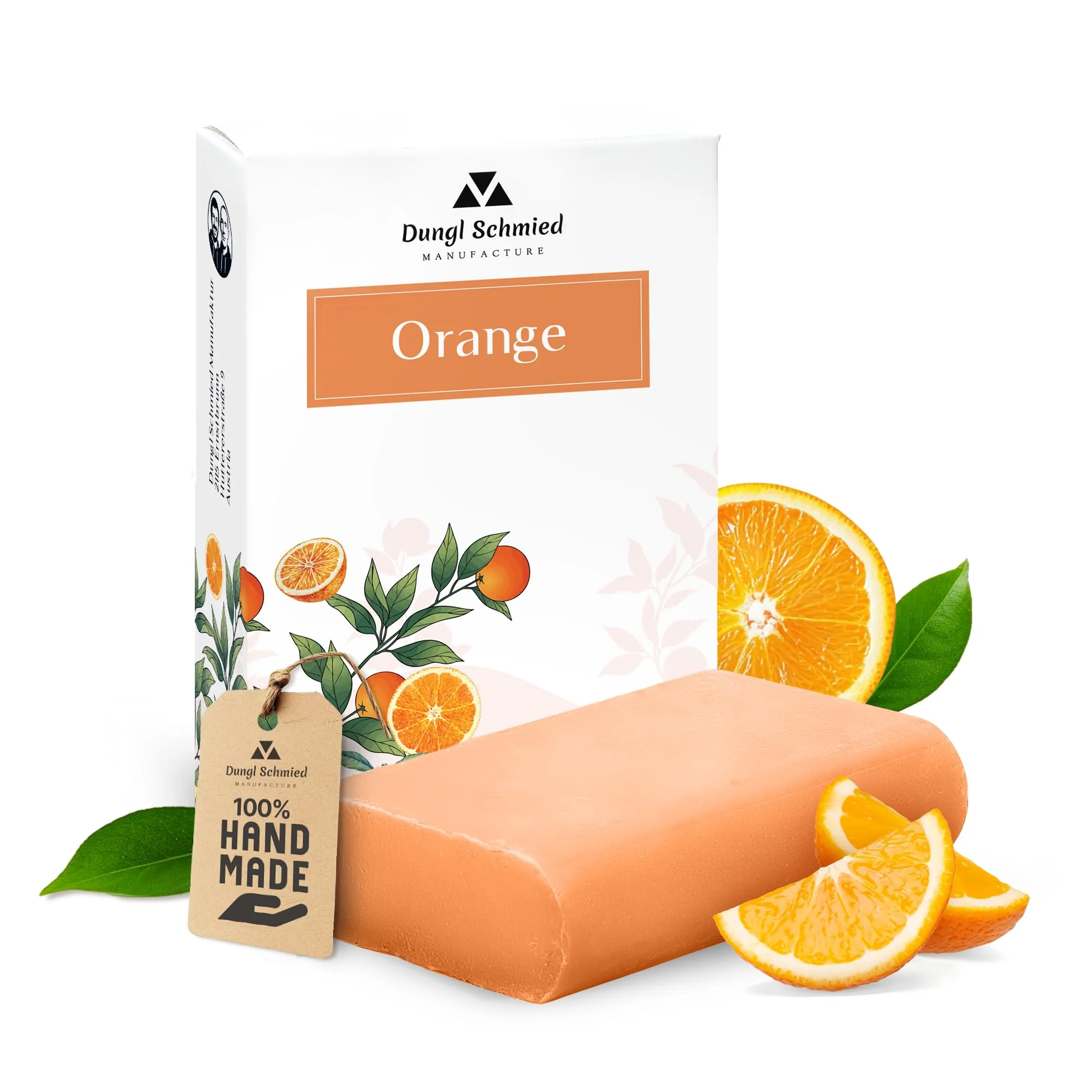 Dungl Schmied | Orange Seife | Handgemacht | 100g Seifenstück | Ohne Palmöl | Vegan | Naturseife mit natürlichen Inhaltsstoffen | Für alle Hauttypen