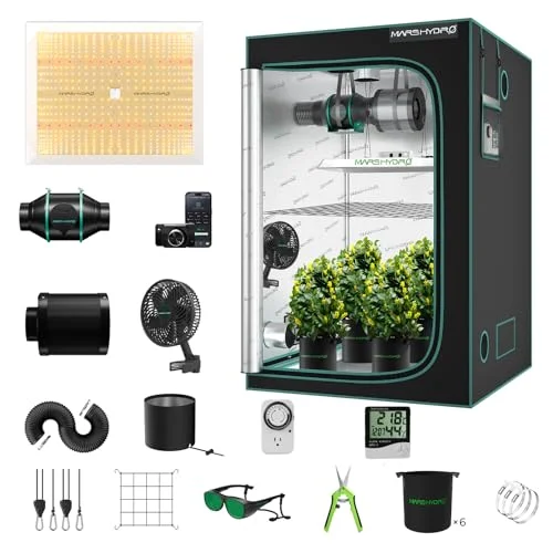 MARS HYDRO TSW2000 Growzelt Komplettset,LED Vollspektrum Dimmbar Grow Lampe, 120X120X200cm 1680D Hohe Reflektivität Grow Box Komplettset,6" Smart WiFi Control Belüftungssystem,10-Gang-Lüfter
