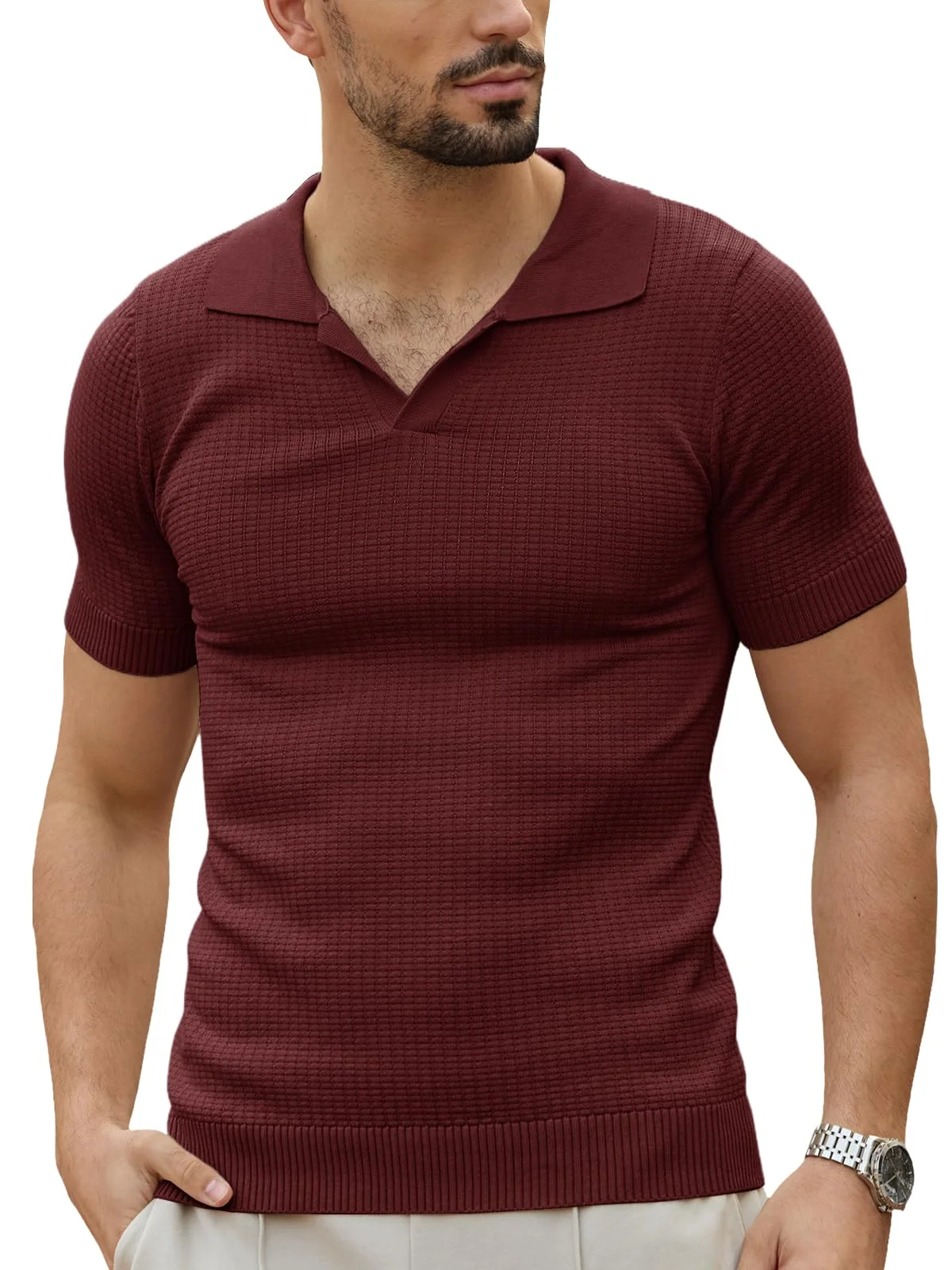 Les umes Herren Kurzarm-Polo-Shirts gestrickt V-Ausschnitt Tee Sommer Casual atmungsaktiv Poloshirts