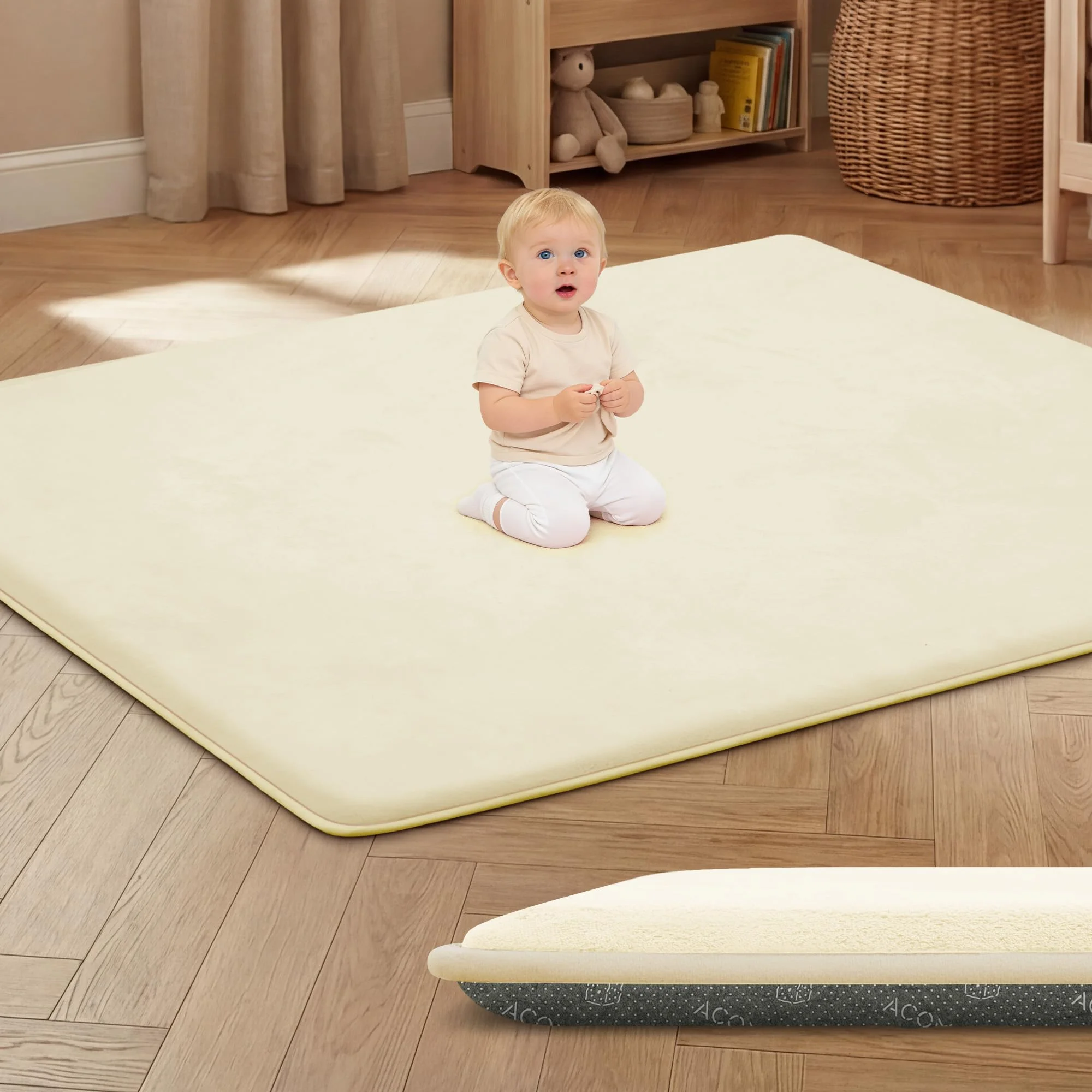 ACOMOPACK Baby Spielmatte, 3 cm dickes Extra groß Memory-Schaumstoff Matte für Bauchlage, 180 x 200 x 3cm, rutschfester samtweicher Kinderteppich, Krabbelmatte (Beige, 180 x 200 cm)