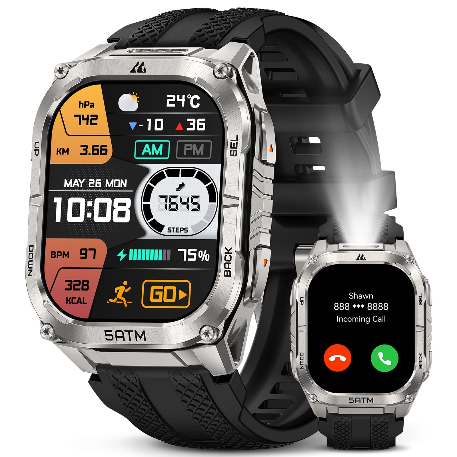 KOSPET Tank M4C Smartwatch Herren mit LED, 1,96" AMOLED, Dualband-GPS & Kompass, Ultra-Lange Akkulaufzeit, 24/7 Herzfrequenz& Schlaftracking, 50M wasserdicht, Bluetooth, Android & iOS(Silbern)