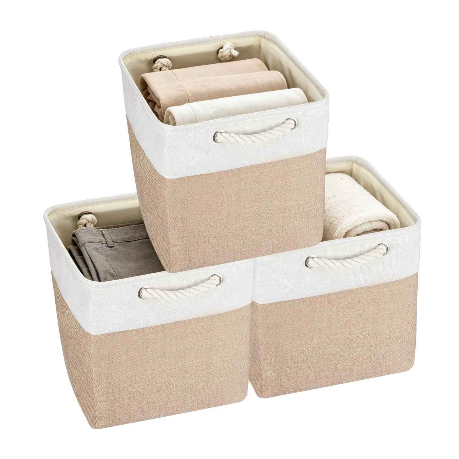 ARATERVIO Zusammenklappbare Aufbewahrungsbox mit Griffen, faltbare Stoffbox für Schrank Aufbewahrungskorb für Kleidung Spielzeug Wohnzimmer Schlafzimmer (Khaki 3Stück, 30x30x30cm)