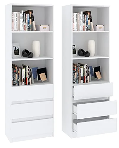 Framire B-3 Büro Bücherregal in Weiß, 3 Regale, 2 Schubladen, Bücherregal für Wohnzimmer, Schlafzimmer, Studio, Büro 180 x 60 x 33 cm