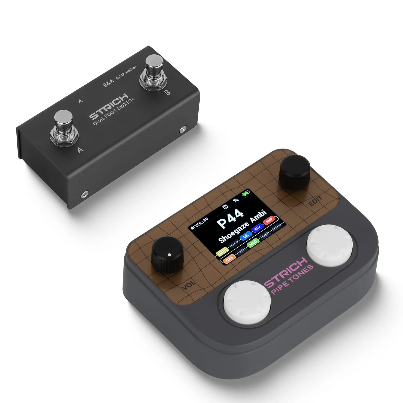STRICH Pipe Tones Pocket Multi-Effekt Prozessor für Gitarre und Bass mit Fußpedal, 10 Effektmodule, 125 Effekte, 40s Looper, 100 Drum Patterns, USB Audio Interface, Wireless Control (Dunkelgrau)
