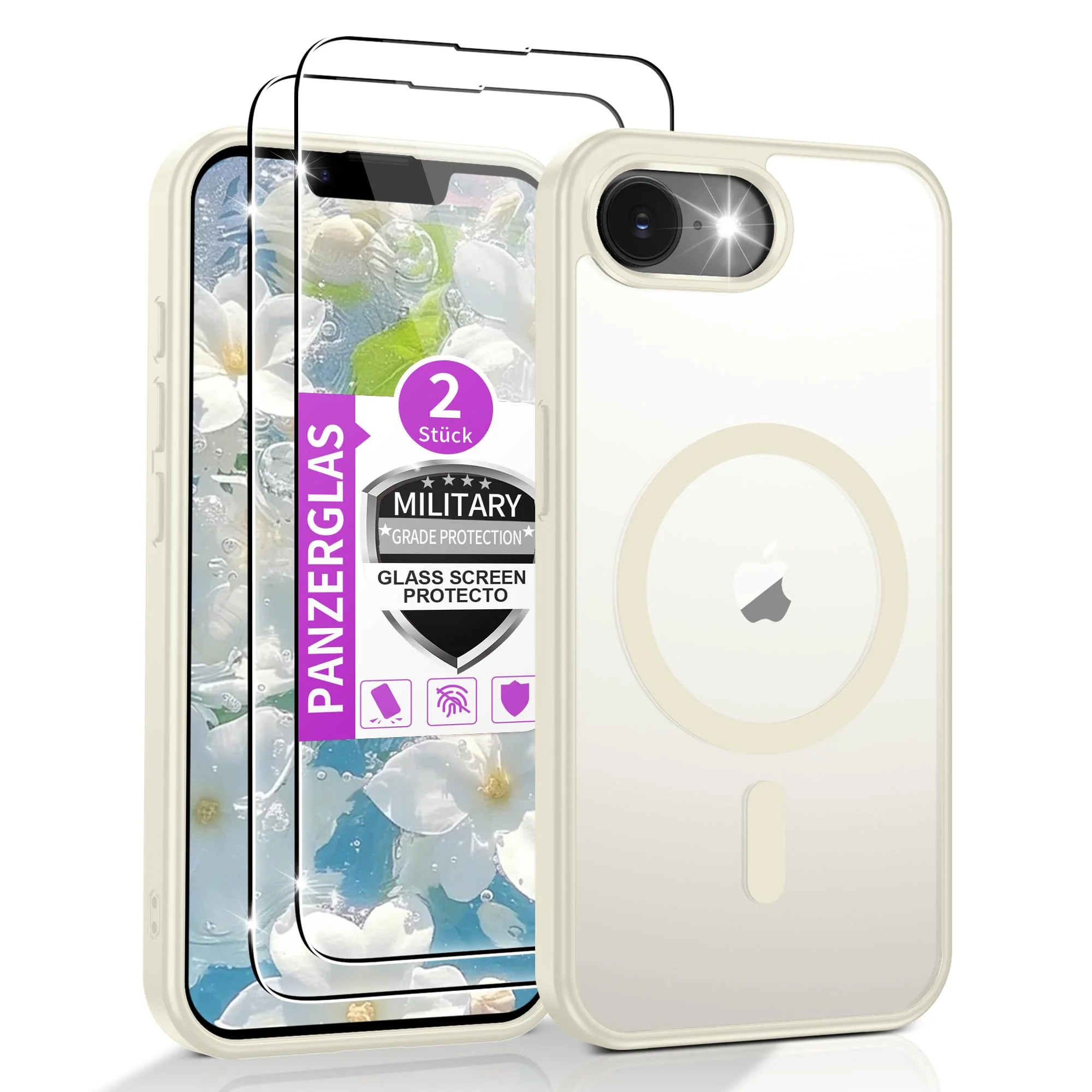 Jshru Handyhülle für iPhone 16e/17e Hülle mit 2 Stück Panzerglas Kompatibel mit Magsafe,Dünn Magnetisch Militär Stoßfest Schutzhülle Matt Case für iPhone 16e/17e,Weiß