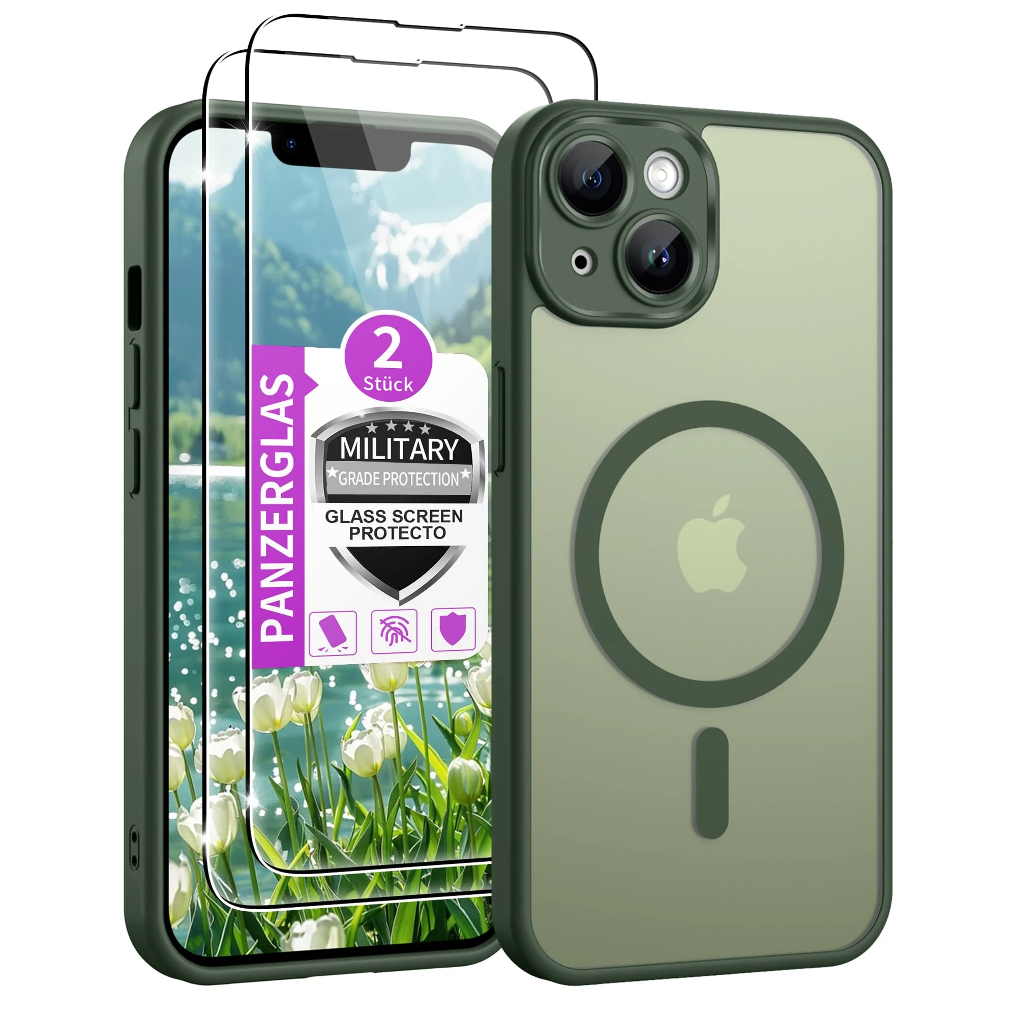 Jshru für iPhone 14 Hülle mit 2 Stück Panzerglas,Kompatibel mit Magsafe Kameraschutz Dünn Magnetisch Handyhülle Militärschutz Stoßfest Schutzhülle Matt Transluzent Case für iPhone 14,Grün