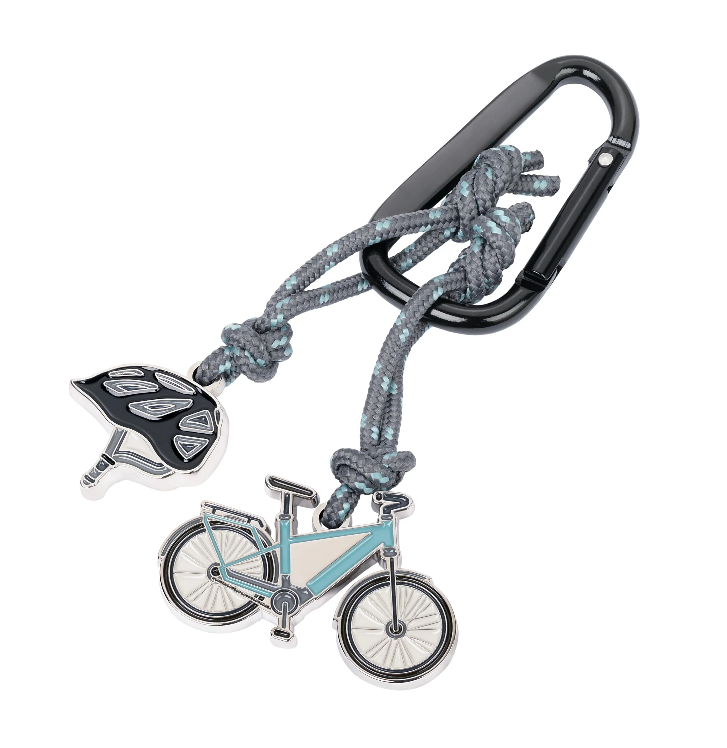 TROIKA Schlüsselanhänger mit Karabinerhaken – E-BIKE – 2 Anhänger an dekorativem Kletterseil: Fahrrad, Helm – Aluminium, Emaille, Metallguss, Nylon – grau, petrol, schwarz Original
