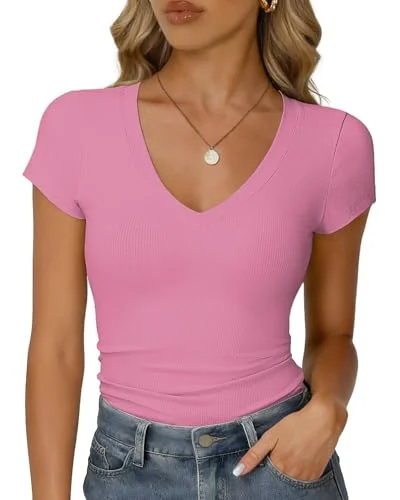 RIROW Damen Sommer T-Shirt Basic V-Ausschnitt Kurzarm Rippstoff Figurbetont Slim Fit Atmungsaktiv Elegant Y2K Top