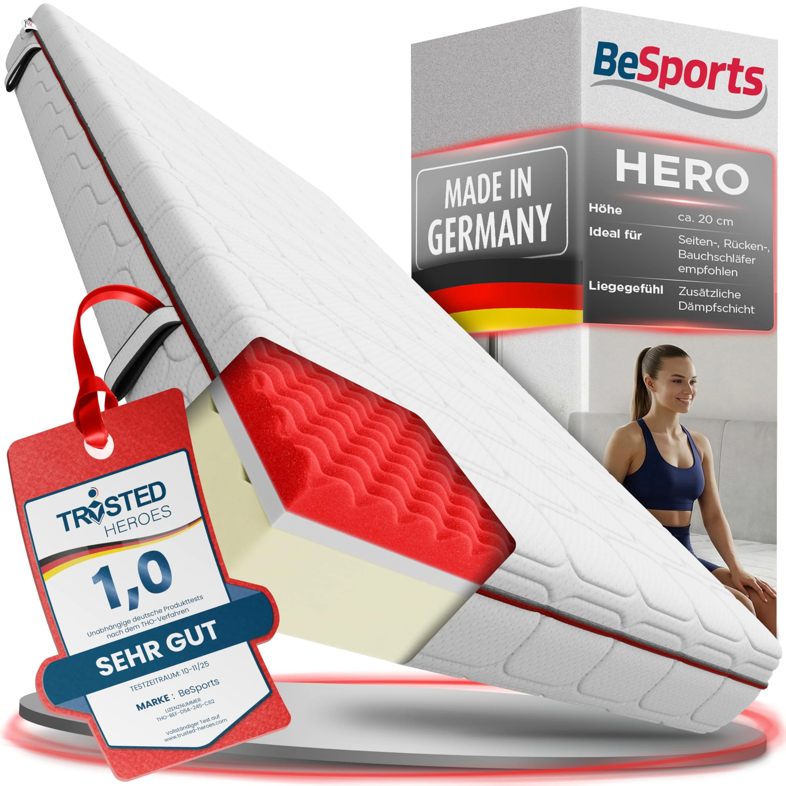 BeSports Hero Matratze 90x200 cm, Note 1,0, 7-Zonen Kaltschaum H2/H3, punktelastisch & atmungsaktiv, wendbar, Bezug abnehmbar & waschbar, Oeko-TEX Standard 100