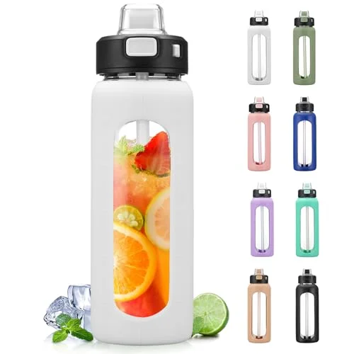 BLUEGO 700/900ml Trinkflasche Glas mit Strohhalm und Griff Auslaufsichere Wasserflasche mit Silikonhülle und Messskala Sport Glaswasserflasche BPA frei