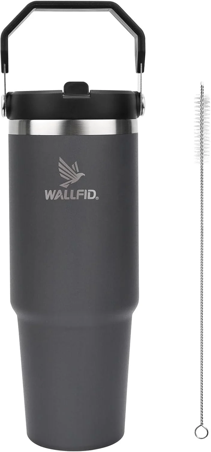 WALLFID 30oz Thermobecher Geschirrspüler Safe, Flip Stroh Wasserflasche mit Stroh und Stroh Bürste, Edelstahl Wasser Cup Reise Becher BPA-frei (Grau Schwarz)