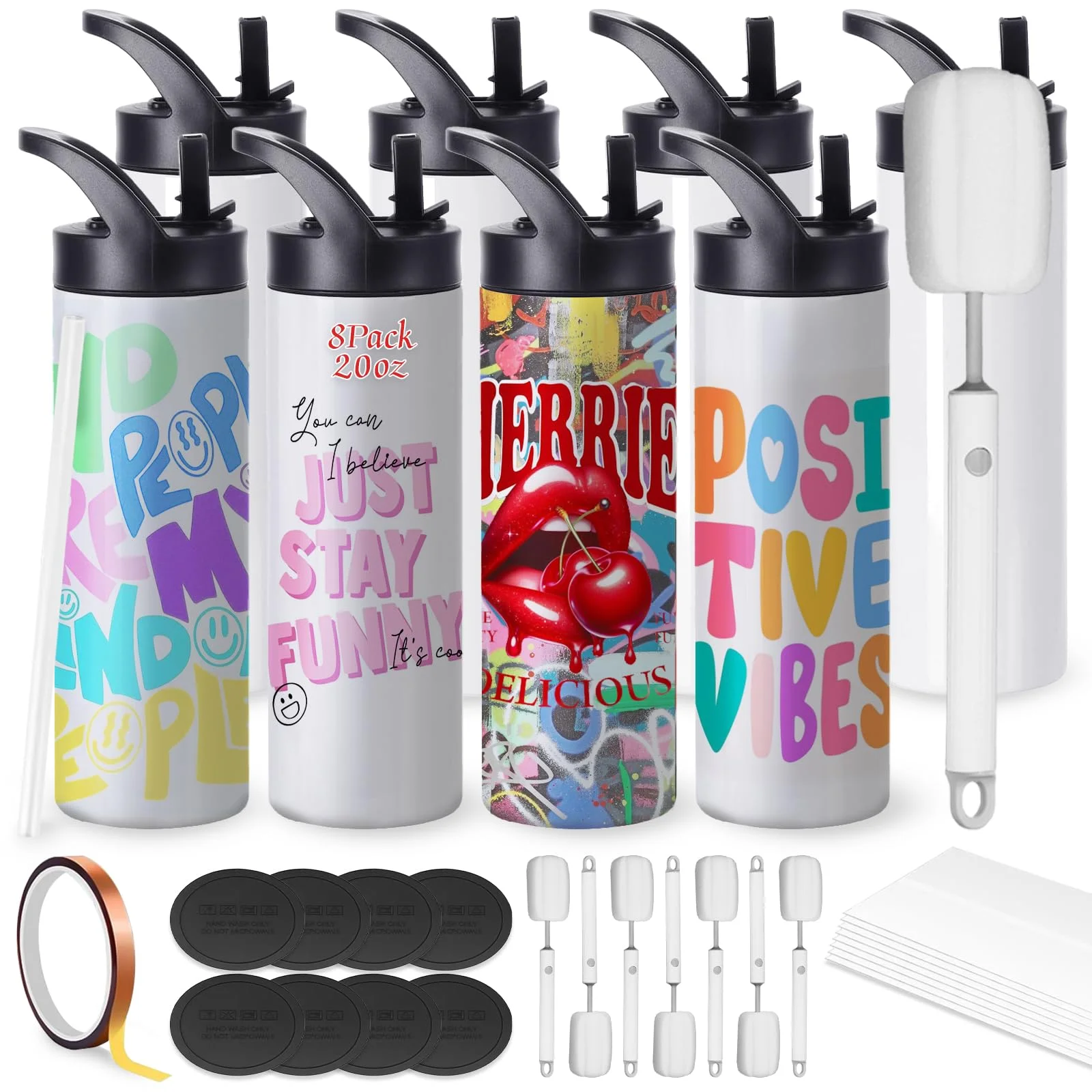 20oz Sublimation Cup Set für Cup Heat Press Machine, Cafultgo 8-Pack mit Deckel & Stroh, Doppelwand isoliert, großartig für Reisen & Outdoor (8PCS Weiß)