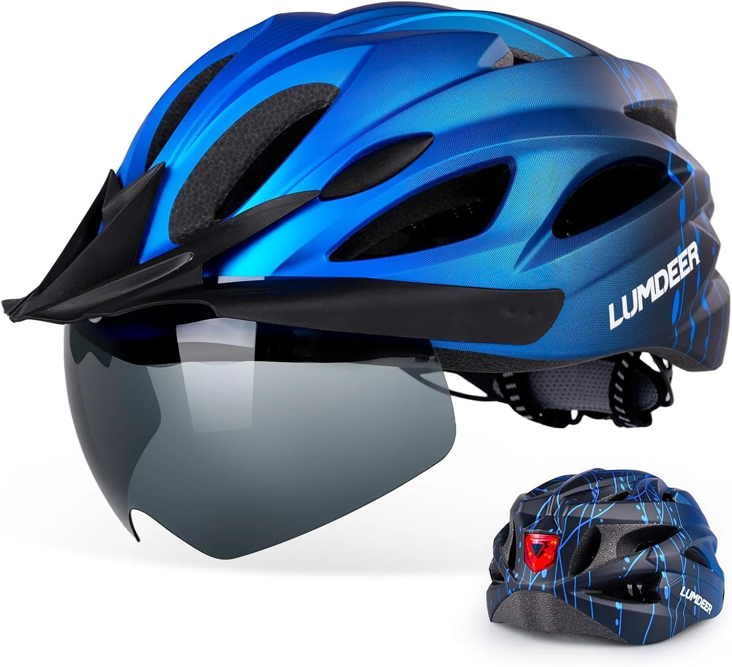 LUMDEER Fahrradhelm Herren und Damen Erwachsene mit Visier und Licht | Radhelm mit Rücklicht, Magnetisches Visier UV400, Helmschirm, leicht und gut belüftet, reflektierender Kinnriemen, CE & CPSC