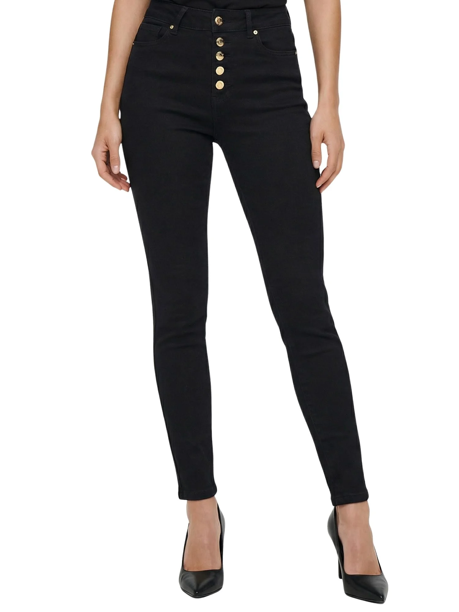 Tazzio Damen Jeans Skinny Fit, High Waist, Stretch, goldene Knopfleiste F136