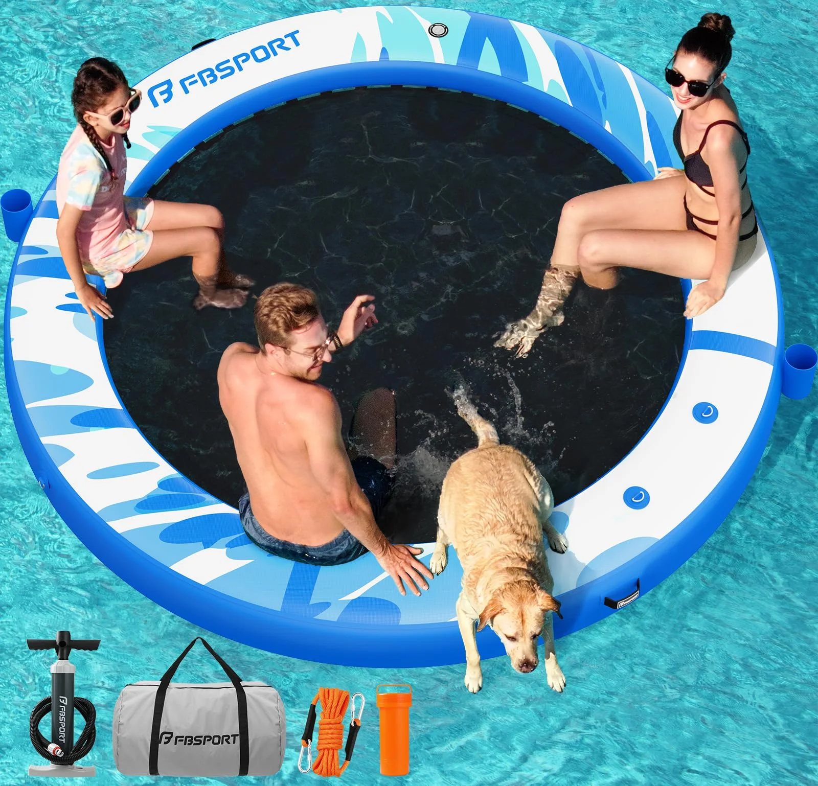 Groß Aufblasbare Badeplattform Sunchill 240/300 cm, Badeinsel Runde Schwimminsel für 2-5 Personen, Wasserinsel Schwimmende Ring mit Heavy Duty Netz, Floating Dock Insel für Pool, See, Strand & Ozean