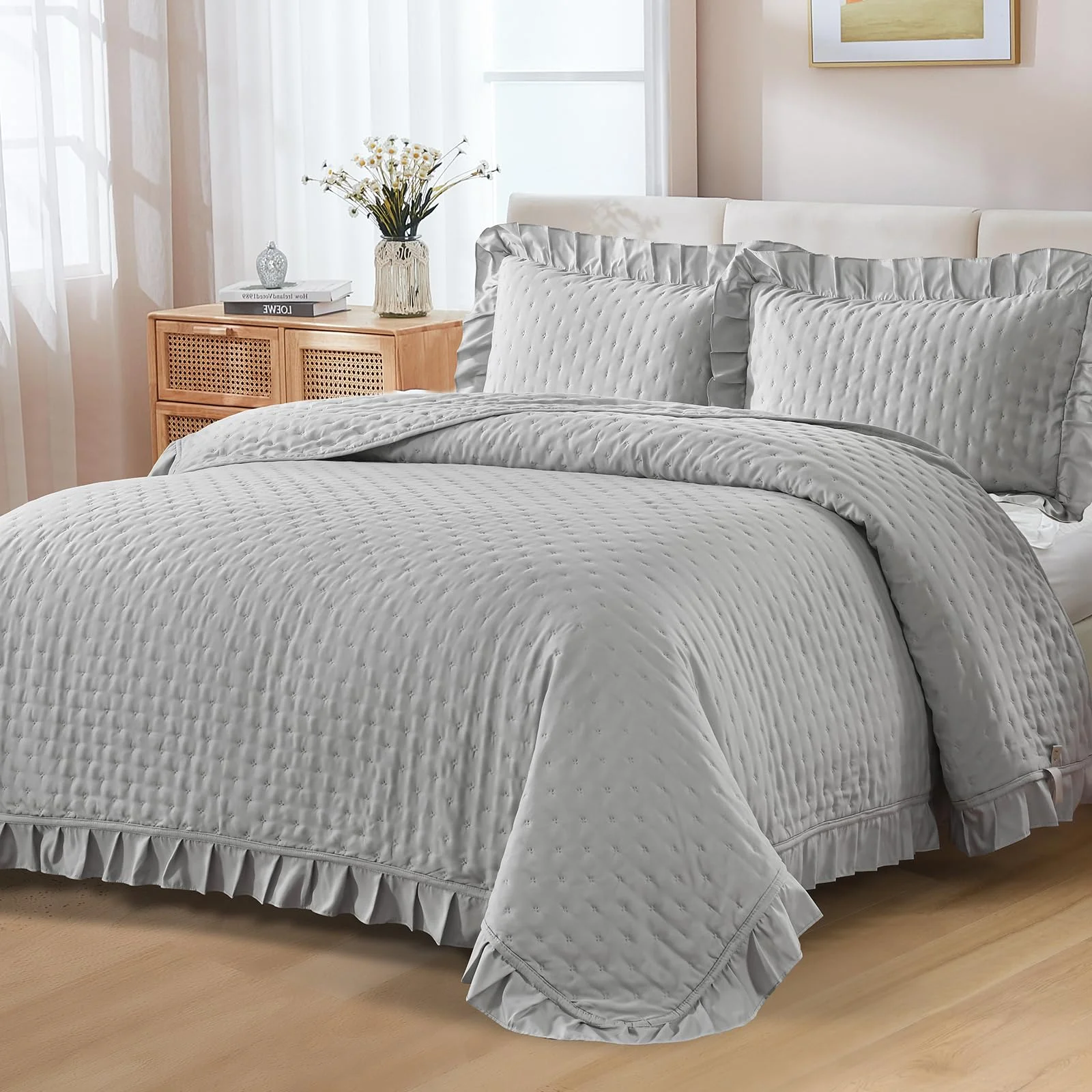 WONGS BEDDING Tagesdecke 220x240 Bettüberwurf Grau Decke Steppdecke 3 Teilig Doppelbett Gesteppt Bettdecke Vielseitige Wohndecke mit 2 Kissenbezug 50x75 für Schlafzimmer als Sofaüberwurf