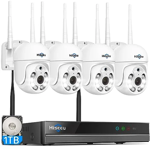 [5MP PTZ+1TB HDD] Hiseeu 5MP WLAN Überwachungskamera Set Aussen mit 10CH Wireless NVR,4x5MP PTZ Wi-Fi Kamera Aussen mit 2-Wege Audio,Farbe Nachtsicht,Fernanzeige,1TB Festplatte Inklusive