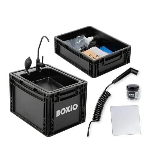 BOXIO - WASH: Mobiles 40x30 Spülbecken, Camping Waschbecken mit Pumpe ohne Strom, Camping Zubehör in Eurobox für den Van Ausbau, Friseur oder Outdoor auf Festival & Garten, Spüle als Camping Gadgets