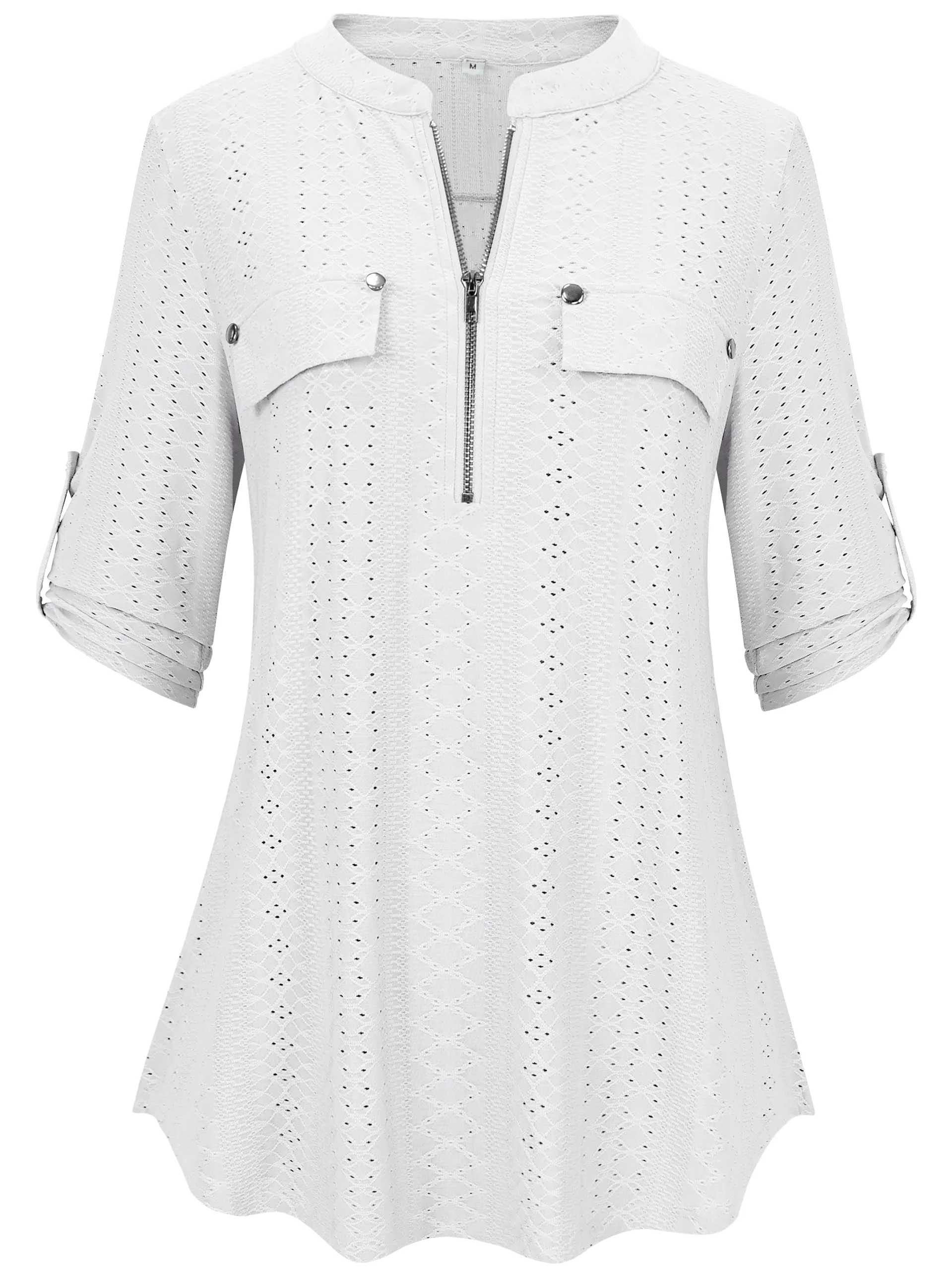 BDTECAOR Bluse Damen 3/4 Arm Elegant Oberteile V Ausschnitt Lässig Arbeit Shirt mit Reissverschluss