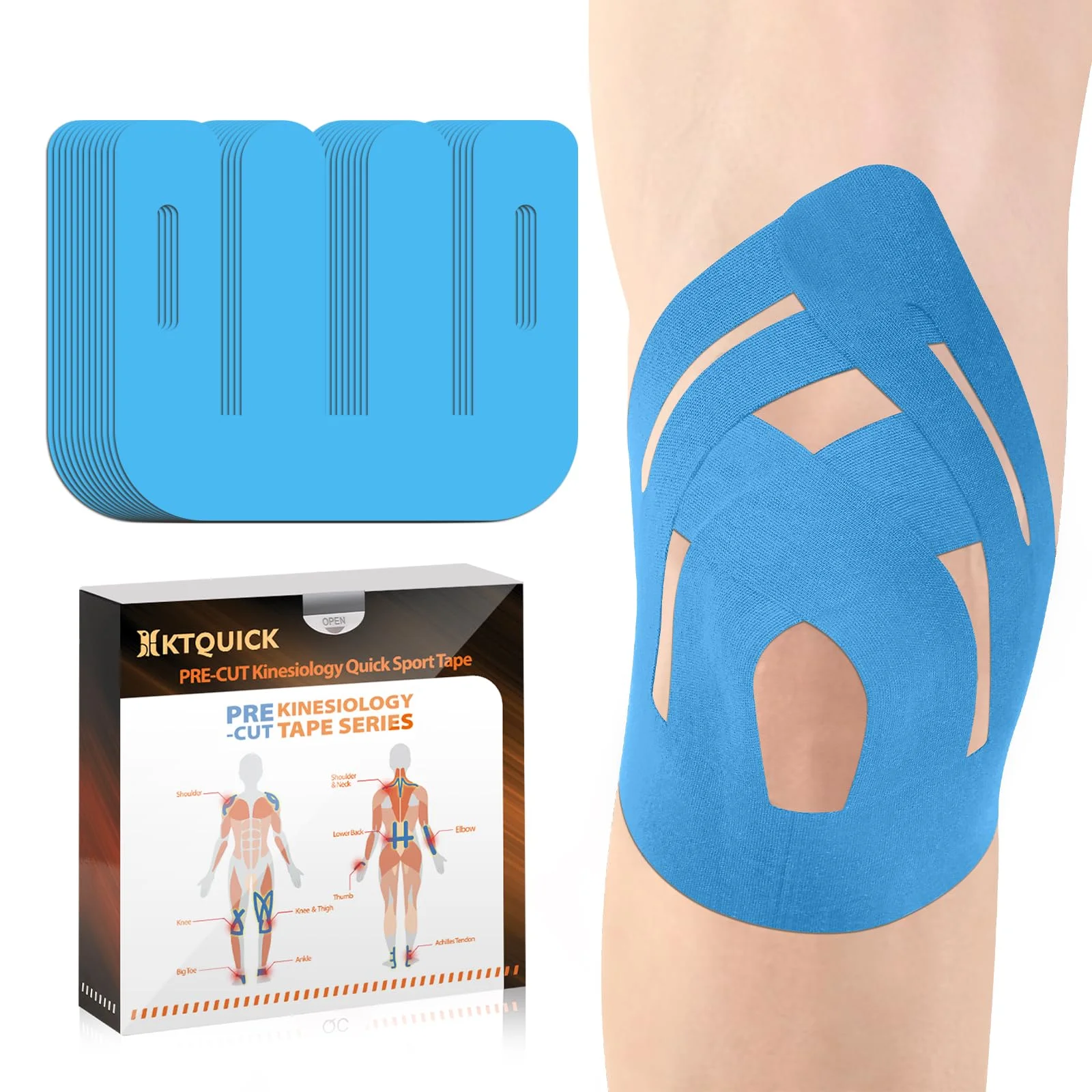 Kinesiotapes Vorgeschnitten for Knie, 10 Stück Kinesiologie Tape für Sport &Knieschmerzen, KTQUICK Höhere Klebrigkeit Knie Tape, Wasserfeste&Muskel Unterstützender Stabilisierung Knietape (Blau)