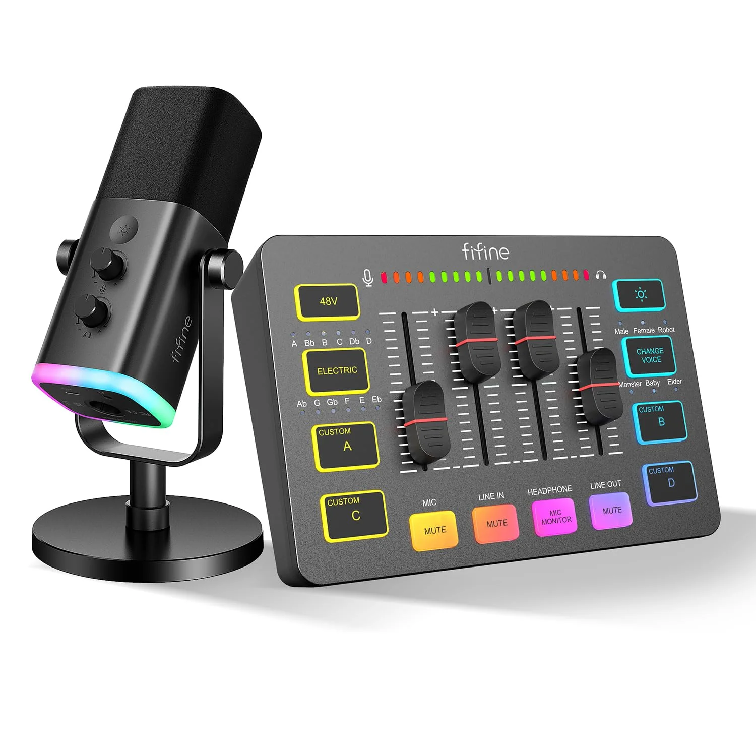 FIFINE XLR Streaming Mikrofon und Gaming Audio Mixer, USB Dynamisch Microphone Gaming PC für Podcast Studio, Streaming RGB PC Mixer mit XLR Mikrofon Interface (AM8 + SC3)