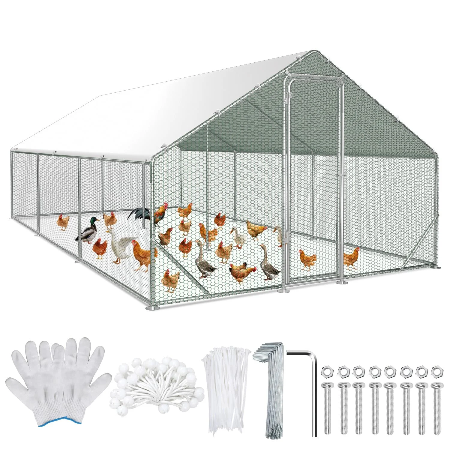 Vkechh Freilaufgehege 3x6x2m – Begehbarer Hühnerstall Verzinkter Stahl Kleintierstall Hühnerhaus Dach Geflügelstall mit Sonnenschutzdach und Tür für Haustierkäfig Hühnerkäfig Kleintiere Pflanzen
