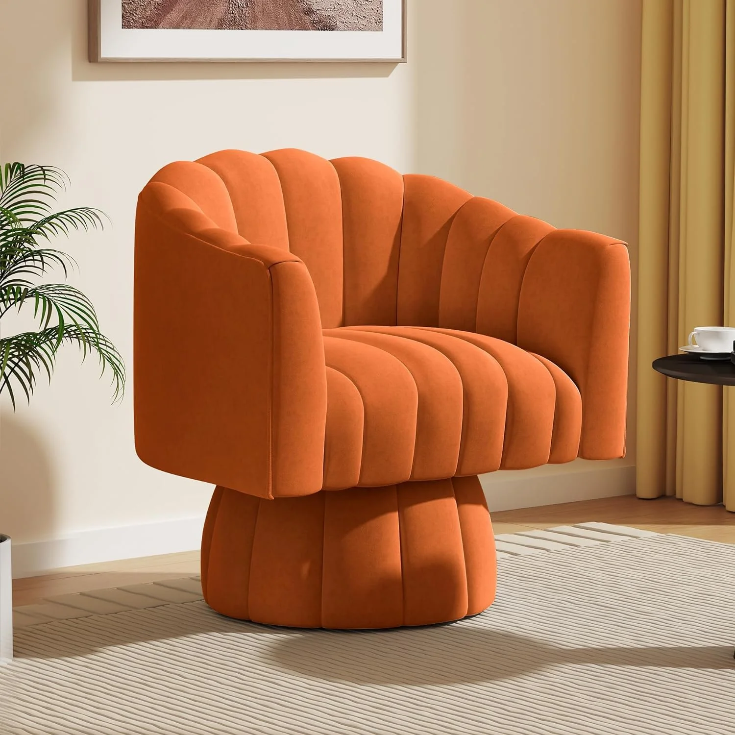 SEYNAR Drehsessel Wohnzimmer Mid Century 360° drehbarer Kuscheltonnen-Akzentsofasessel, runde Sessel mit breit gepolstertem, flauschigem Samtstoffstuhl für Schlafzimmer, Büro (Orange)