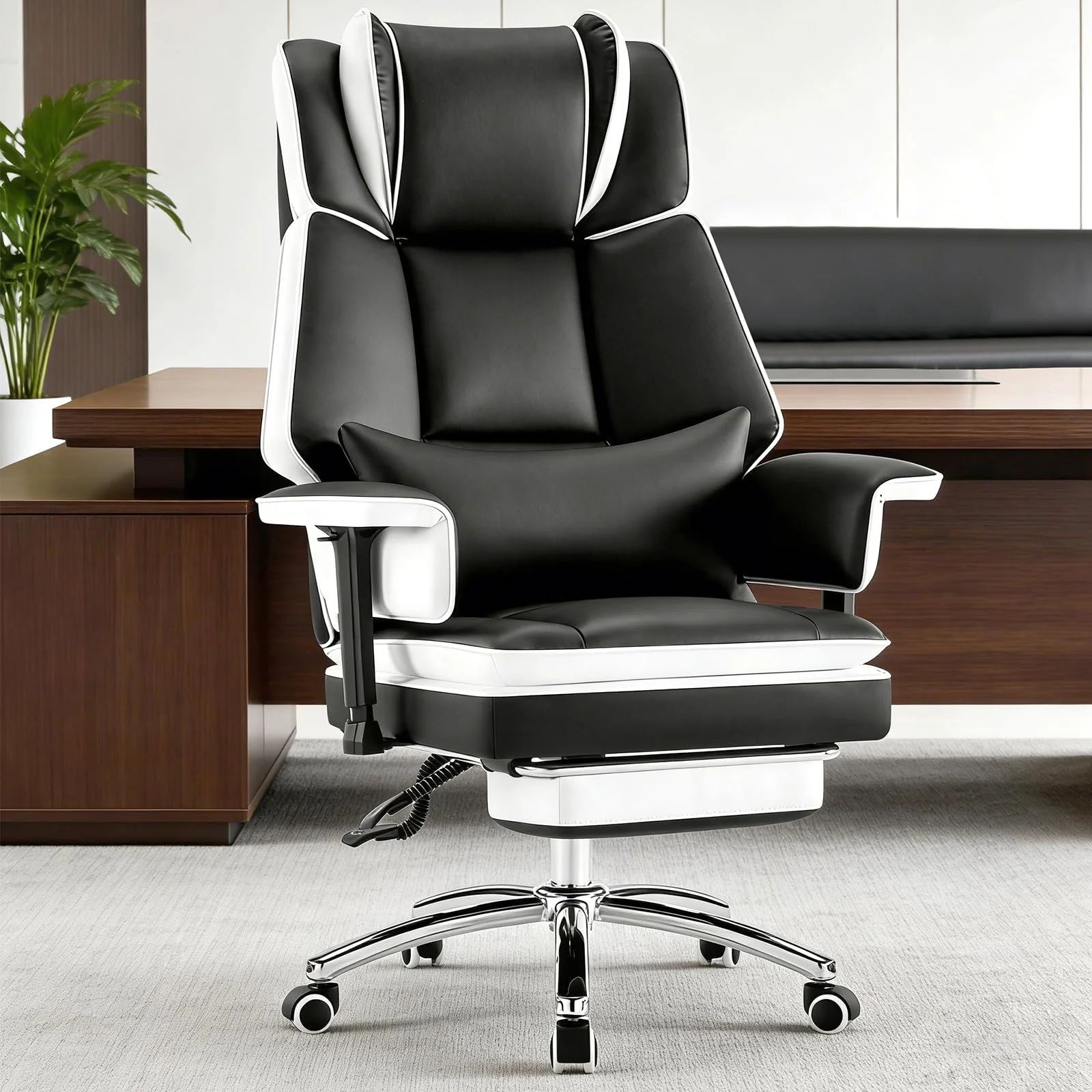 Hellove Bürostuhl ergonomisch 180 kg, Chefsessel für schwergewichtige, Drehstuhl Schreibtischstuhl mit Fußstütze, Verstellbare Armlehnen für Büro Home Office，schwarz und weiß
