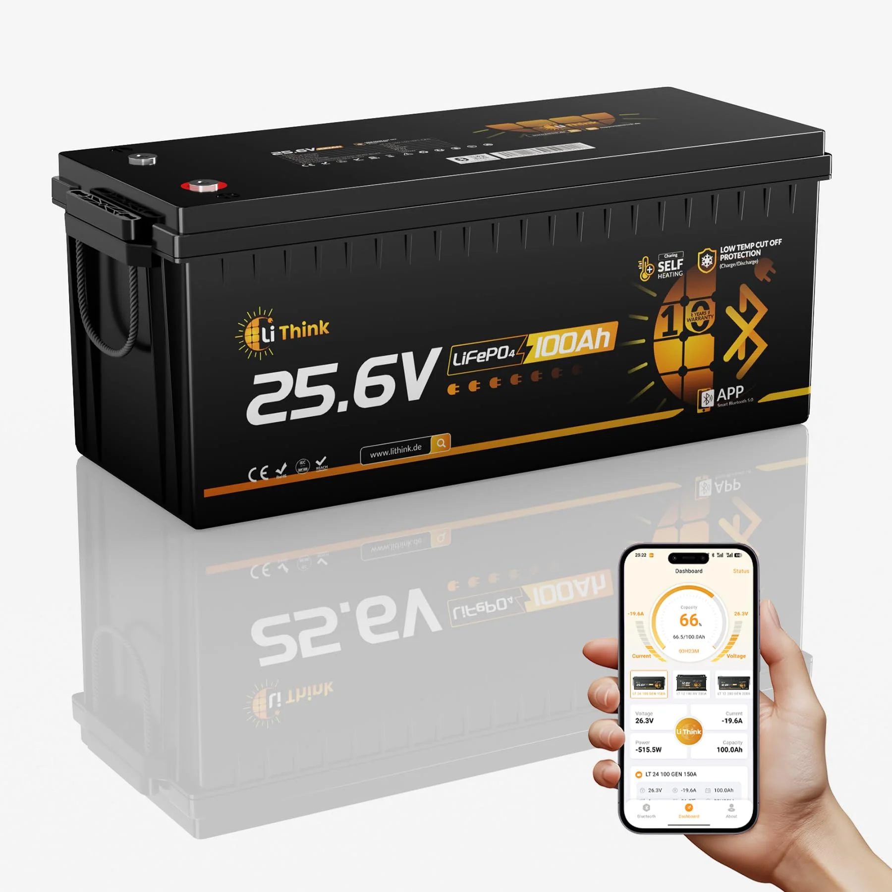 Li Think LiFePO4 25.6V 100Ah Lithium Batterie Bluetooth mit 150A BMS Low Temperature Schutz und Max. 15000 Zyklens, 2560Wh Lithium Batterie Autobatterie für Wohnmobil,Wohnwagen,Boot