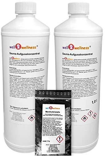 Saunaaufguss Set 2 x 1,0 l von well2wellness® gratis 10g Mentholkristalle - freie Wahl aus über 60 Saunadüften