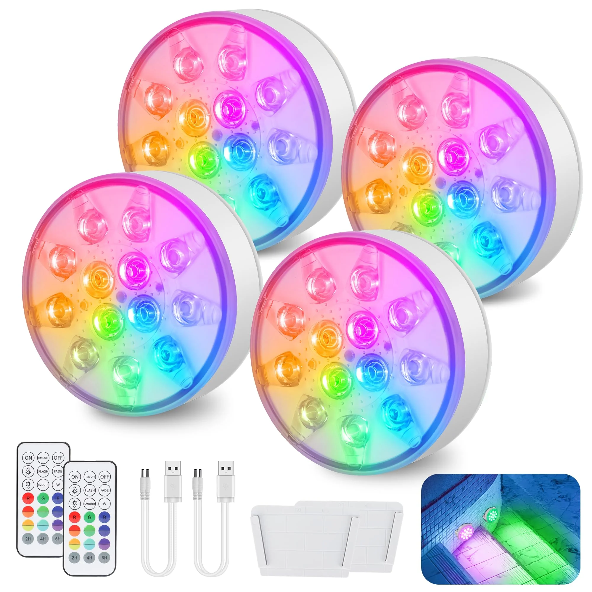 4 Stück LED Poolbeleuchtung Unterwasser Wiederaufladbare, Unterwasser Licht mit Fernbedienung, IP68 Wasserdichte Teichbeleuchtung, Für Pool, Springbrunnen, Teiche, Aquarien, Hochzeiten, 16 Farben