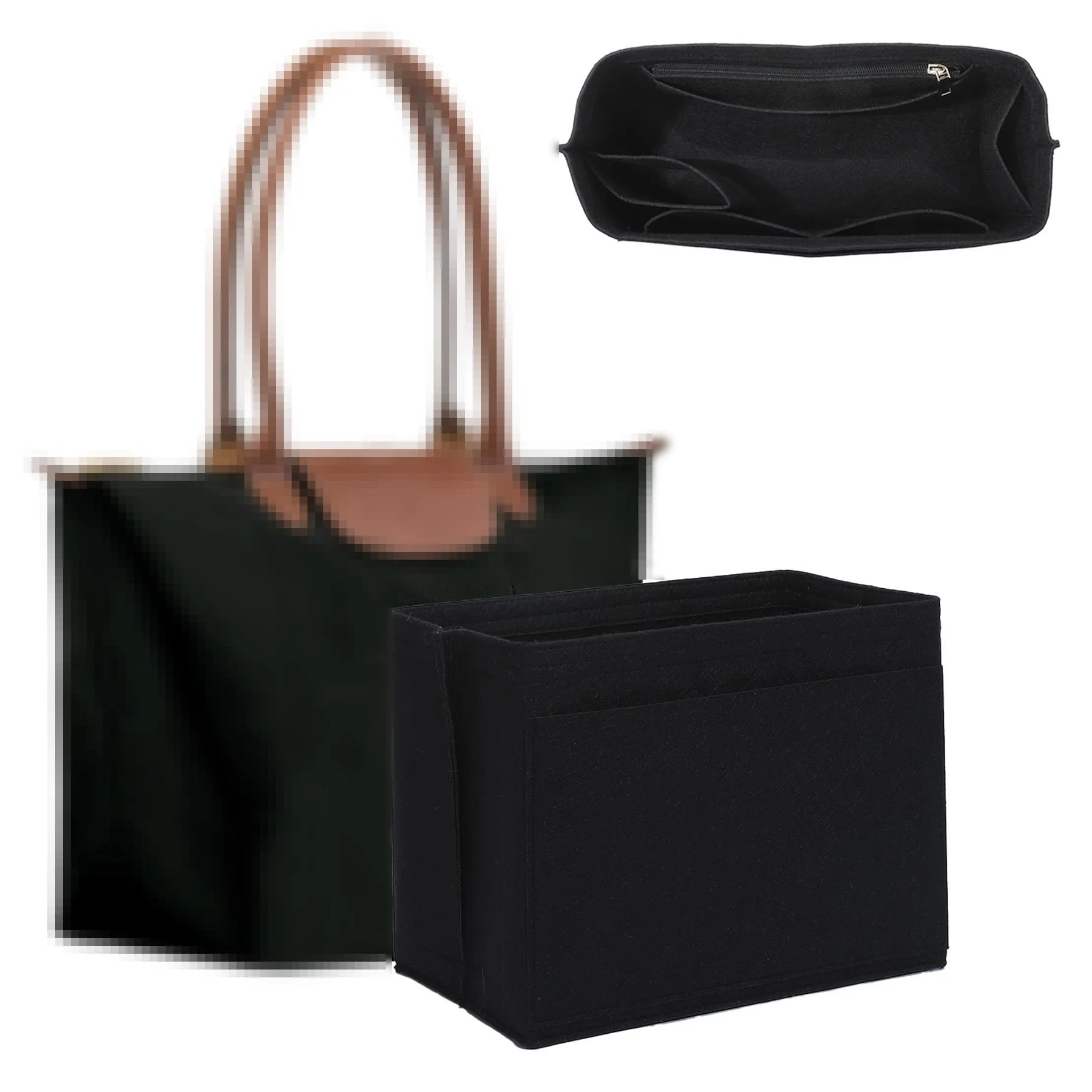 Hochwertiger Filz Taschen Organizer for Longchamp Tasche L, Extrem Leicht Long Champ L Handtaschen Organizer with Einschließlich Fach für Eine Trinkflasche und Reißverschlussfach,8 Taschen,Schwarz