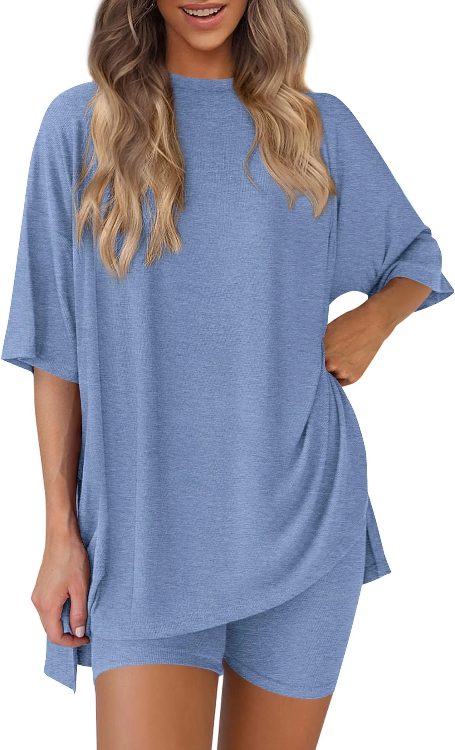 BUNSLOOM Zweiteiler Damen Sommer Oversize Shirt Radlerhose Set Casual Flughafen Reiseoutfit
