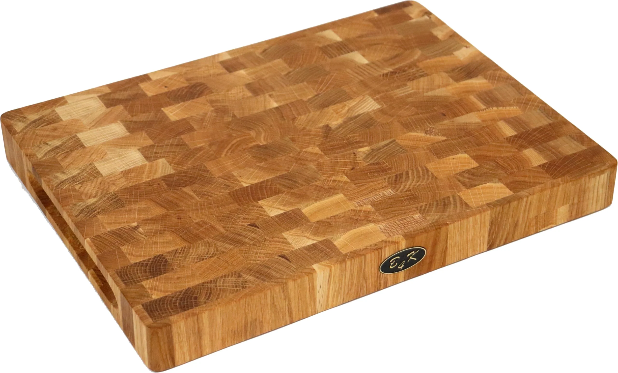 B4K® Schneidebrett aus Eiche Stirnholz 40 × 30 × 4 cm – Massiver Hackblock | Antibakterielles Hirnholzbrett mit Griffen & Silikonfüßen | Perfekt für Küche, Fleisch & BBQ