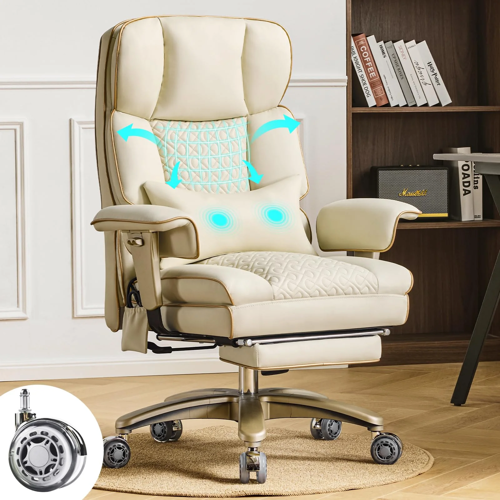 Hellove Ergonomischer Bürostuhl bis 230kg, Chefsessel mit Fußstütze & Lordosenstütze, Großer Schreibtischstuhl für Übergewichtige, Luxus Executivesessel Kunstleder für Homeoffice, Beige