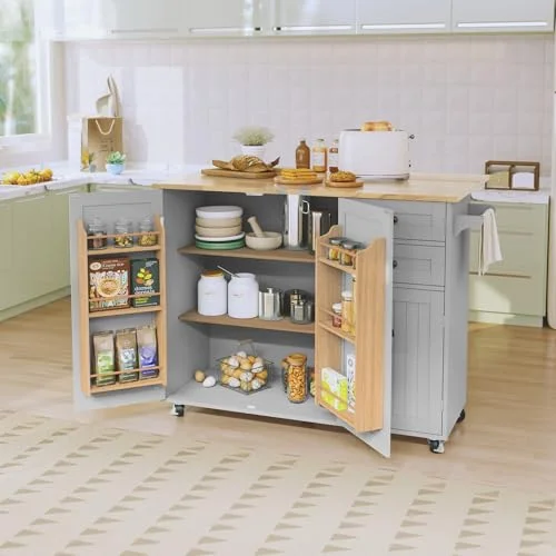 HOLTICO Küchenwagen mit Klappbarer Arbeitsplatte-Kücheninsel auf Rollen Küchenschrank Anrichte Küche Bewegliche Kücheninseln Für Esszimmer, Küche(Weiß)