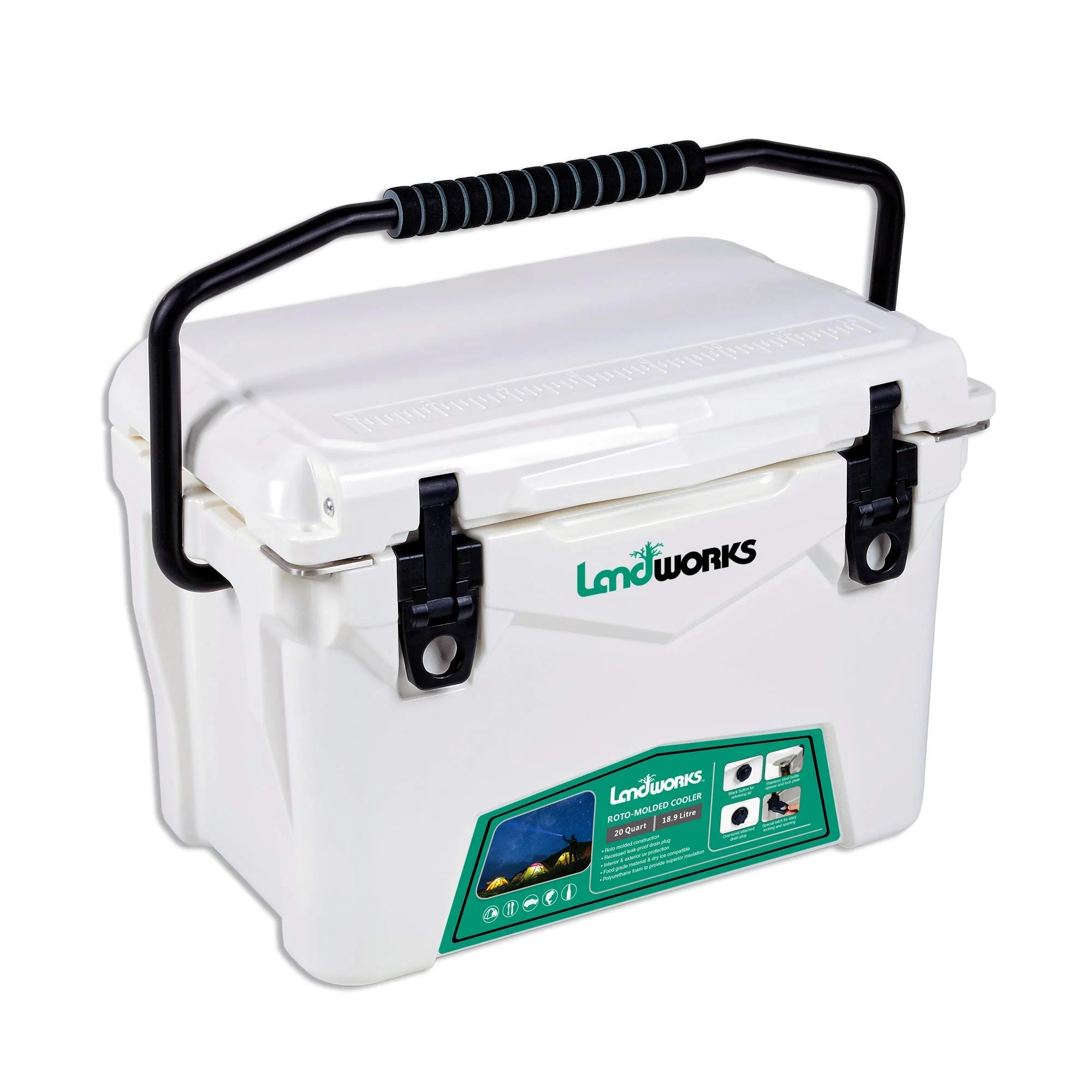 Landworks Rotomolded Verbesserter Eiskühler, 20QT/45QT 5–10 Tage Eisspeicherung, handelsübliche Qualität, lebensmittelecht, Trockeneis, kompatibel, UV-Schutz, 15 mm Dichtung, (2) Flaschenöffner,