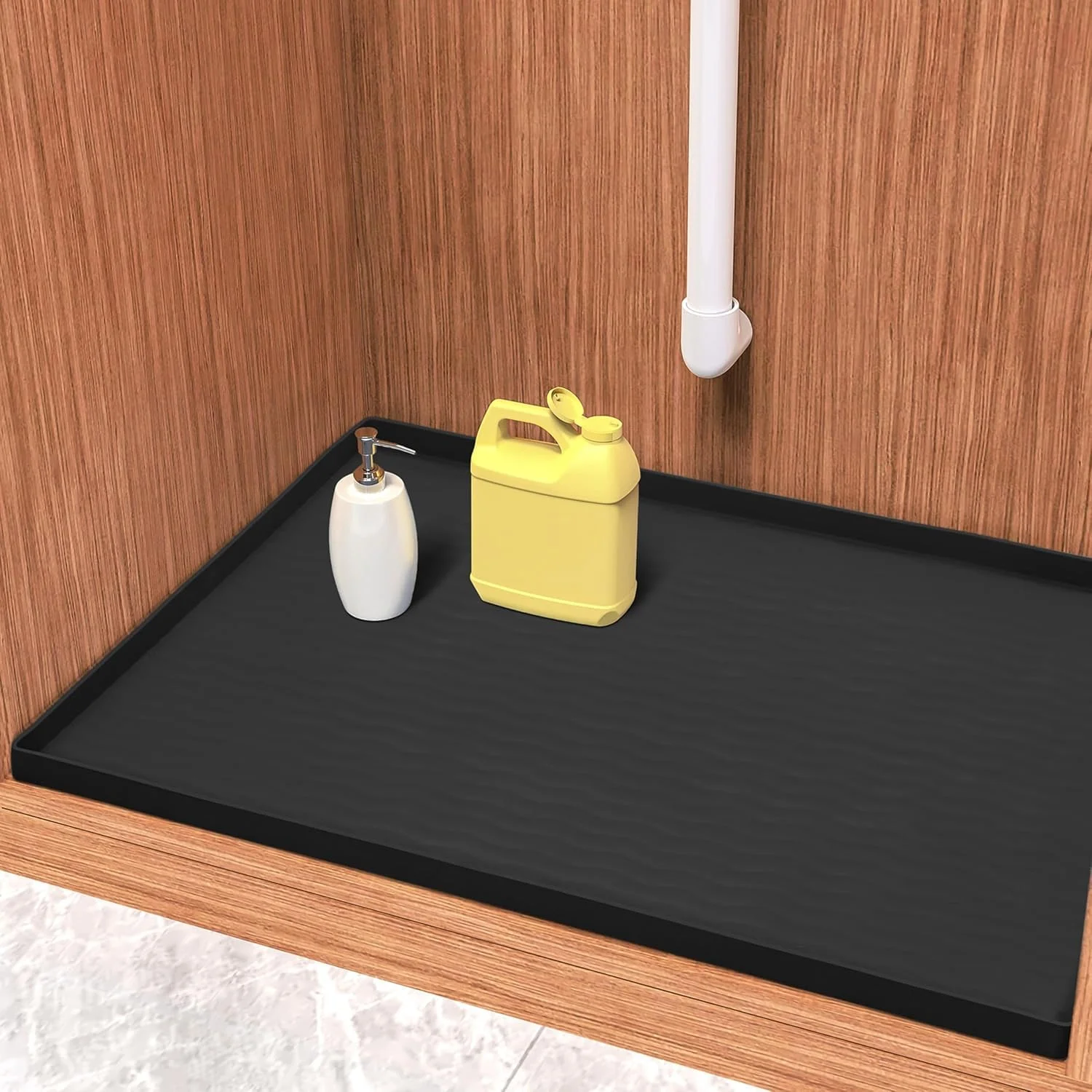 URMONA Silikonmatte für Küchenschrank 48 x 63 cm, Schrankmatte wasserdicht | Spülenunterlage mit Rand, Schrankmatte Küche, Katzenklo Matte, Futtermatte Haustiere, Schutzmatte Bad rutschfest (Schwarz)