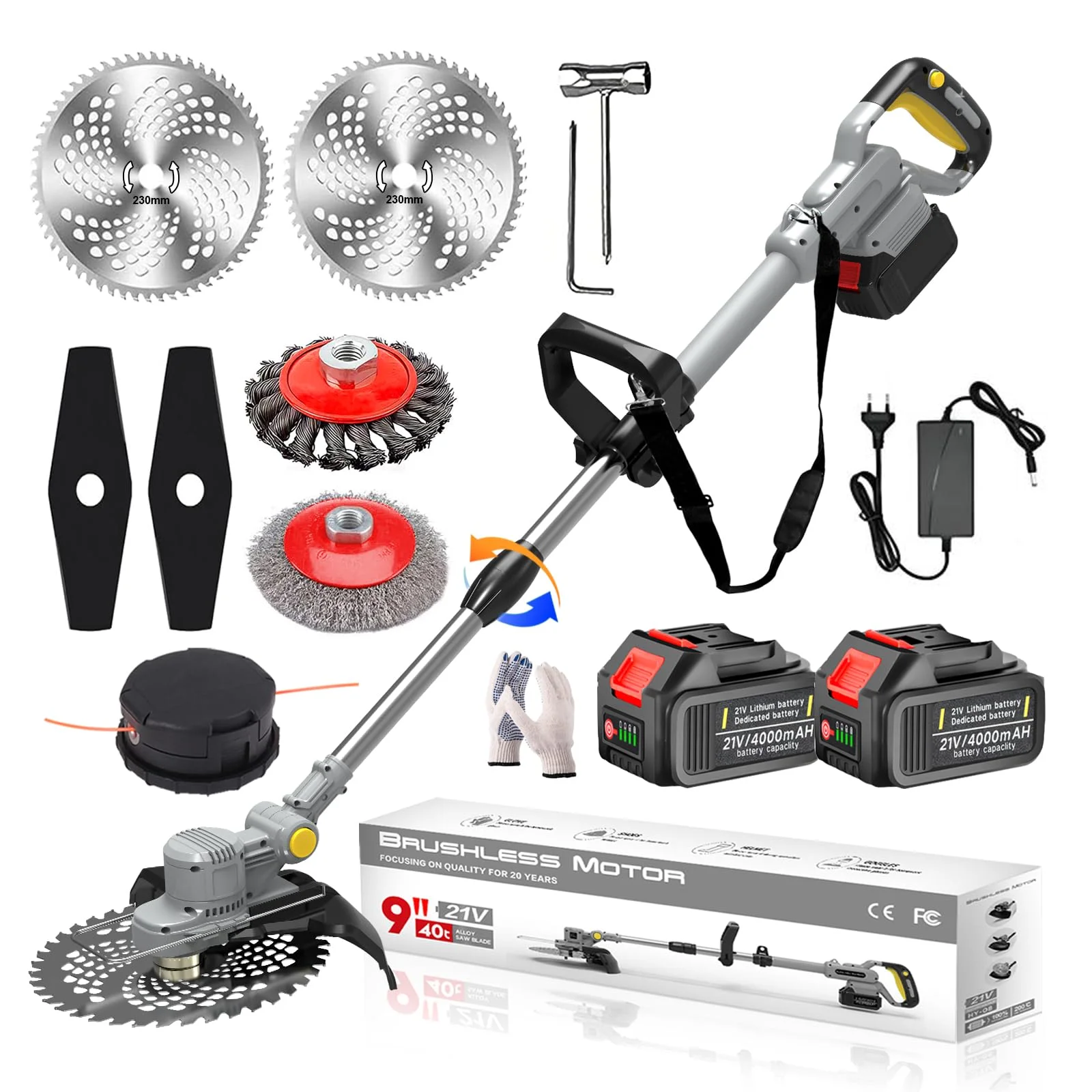 Akku Rasentrimmer mit Akku und Unkrautbürste 21V Freischneider Akku Elektro Motorsense mit 2X 4.0Ah Akku und Ladegerät Bürstenloser Freischneider mit Fadenspule für Garden Trimmen,Grey,b