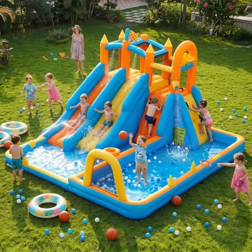 FOOING Große aufblasbare Wasserrutsche mit 2 Rutschen und Planschbecken für Kinder – Hüpfburg mit Zwei Bahnen für Garten- und Hinterhofpartys, Sommerspaß im Freien, 950-W-Gebläse
