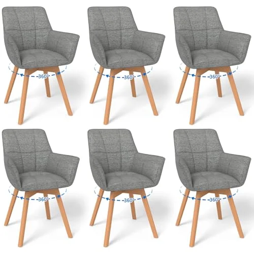WAFTING 4er Set Drehbare Esszimmerstühle, 360° Drehstuhl mit Armlehnen Holzbeinen, Samtstoff Polsterstuhl für Esszimmer, Wohnzimmer, Küche, Schlafzimmer, Hellgrau