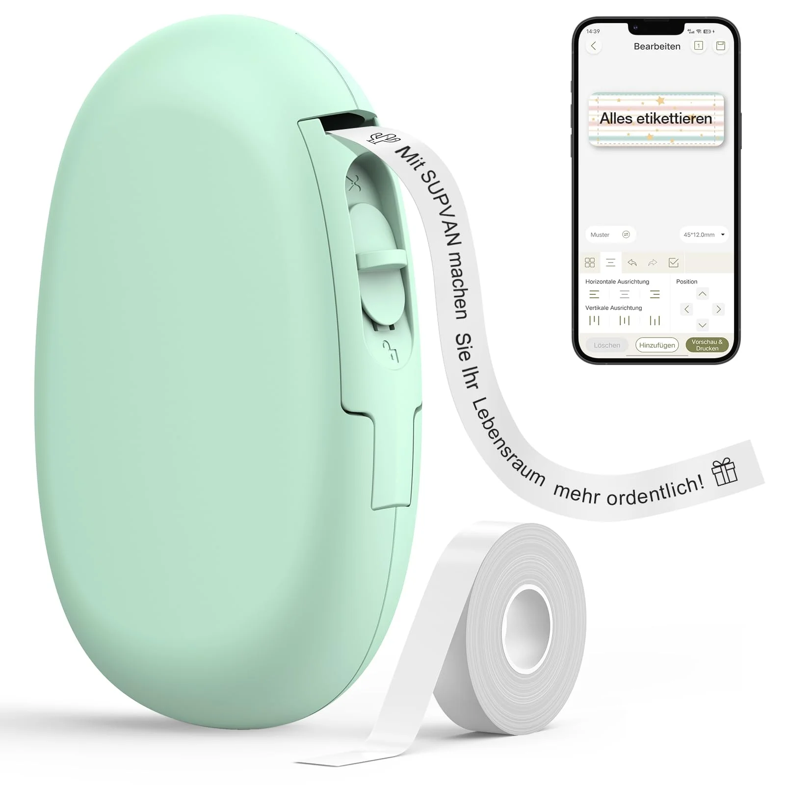 SUPVAN E10 Etikettendrucker mit wasserdichte Etiketten selbstklebend (15 mm x 6 m), tragbares Etikettiergerät Bluetooth geeignet für das Home-School-Büro, grün