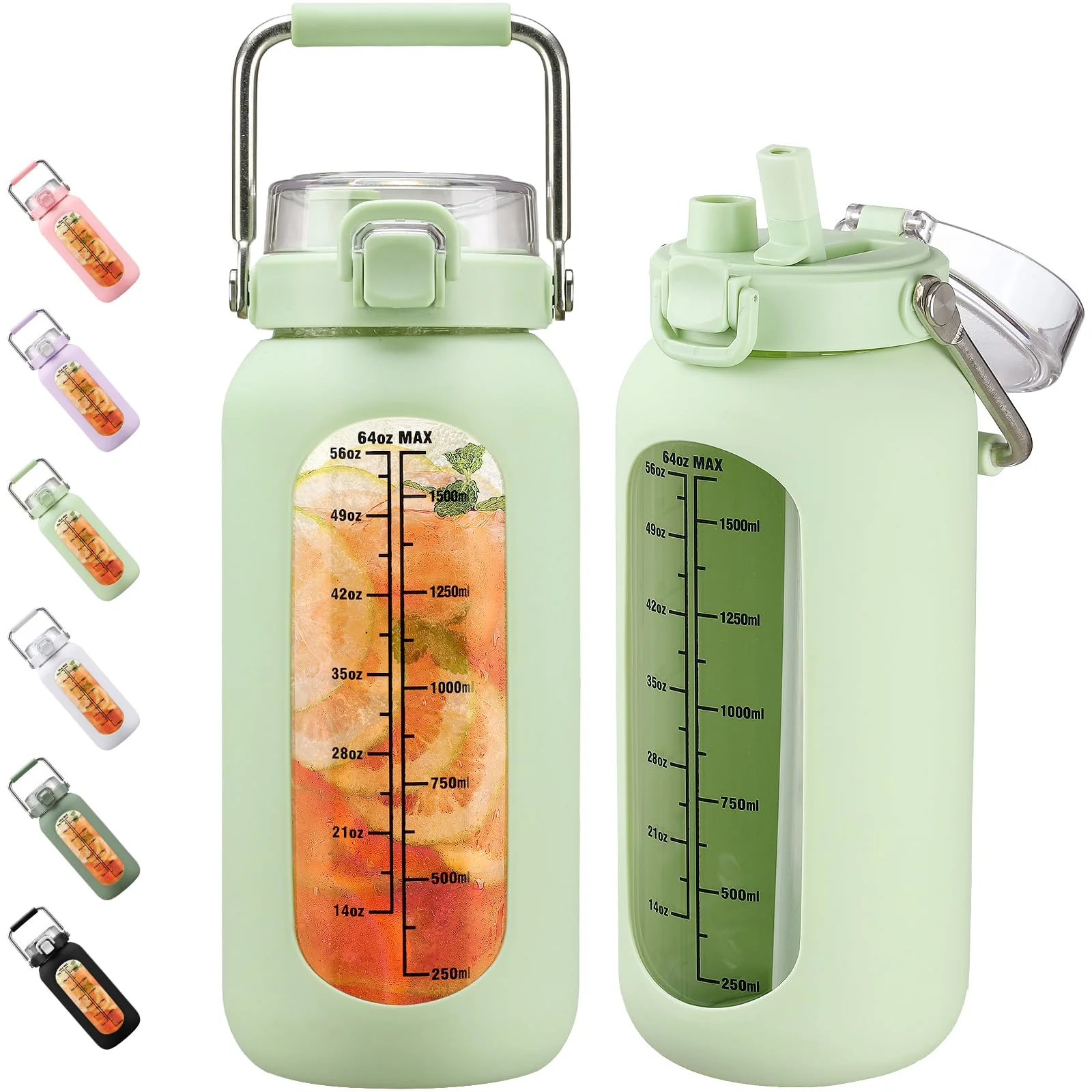 BLUEGO 2000ml Glaswasserflasche mit Edelstahlgriff und Zeitmarkierung 2L Trinkflasche Borosilikatglas mit Silikonhülle und Stroh für Fitnessstudio Büro Draussen Sport Wasserflaschen BPA-frei, Hellgrün