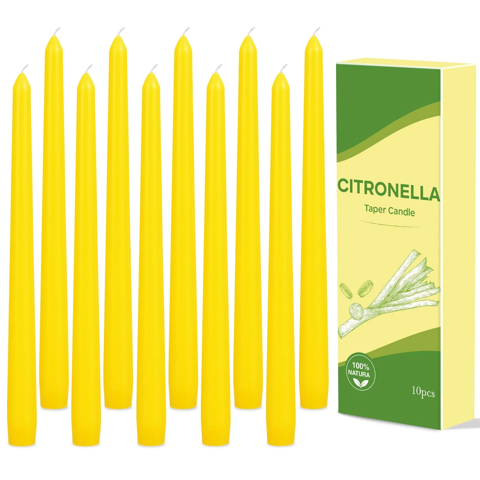 10 Pack Citronella Kerze Outdoor – 10in Citronella Stabkerzen Set, Zitronella Kerze Spitzkerzen mit Zitronengras-Duft, Natürliche Sojawachs Kerzen für Zuhause Terrasse Dinnerpartys und Festivals