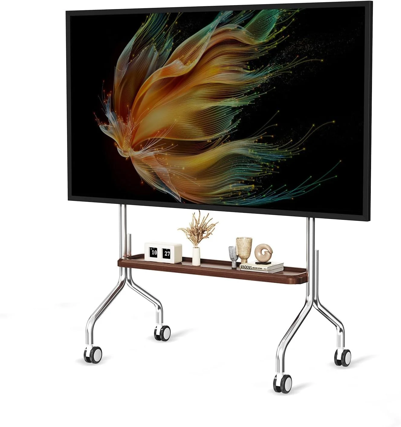 CNTSLNB Rollbar TV Ständer mit Holzablage für 32-75 Zoll Fernseher | Mobiler TV-Ständer, Fernsehständer Mit Rollen, Geeignet für Geschäfte, Wohnungen, Büros, Tragkraft 50 kg Max VESA 600*400mm