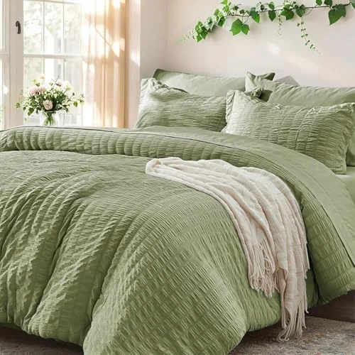 Luofanfei Seersucker Bettwäsche 135x200 Dunkelgrün Grün Sommer Kühlende Gestreiftes Karierte Uni Muster Sommerbettwäsche Atmungsaktiv Leicht Bettbezug Einzelbett und Kissenbezug 80x80 cm